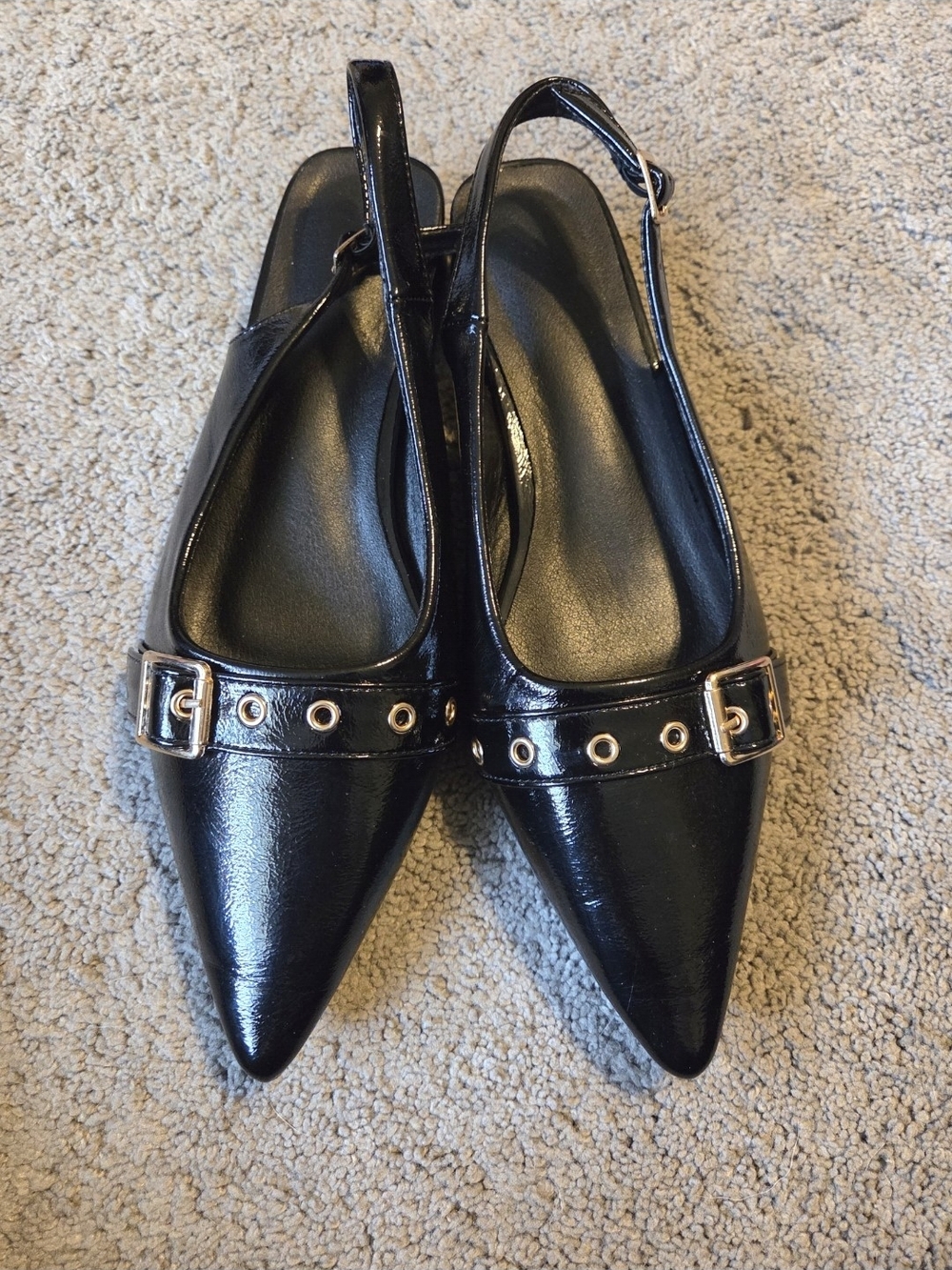 Black Pointed Slingback Flats with Buckle Detail Size 9.5 (41)